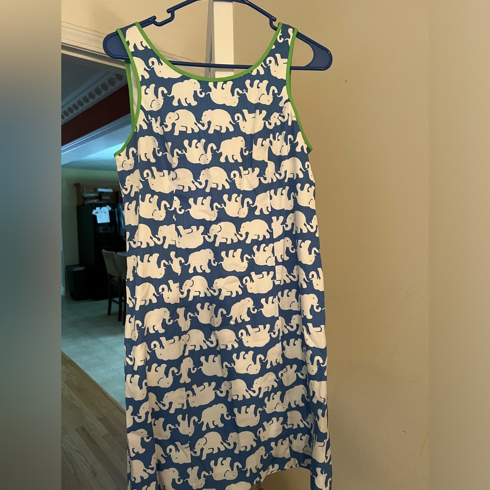 Lilly Pulitzer  Tusk In Sun Elephant Blue White and green trim Dress - elephant